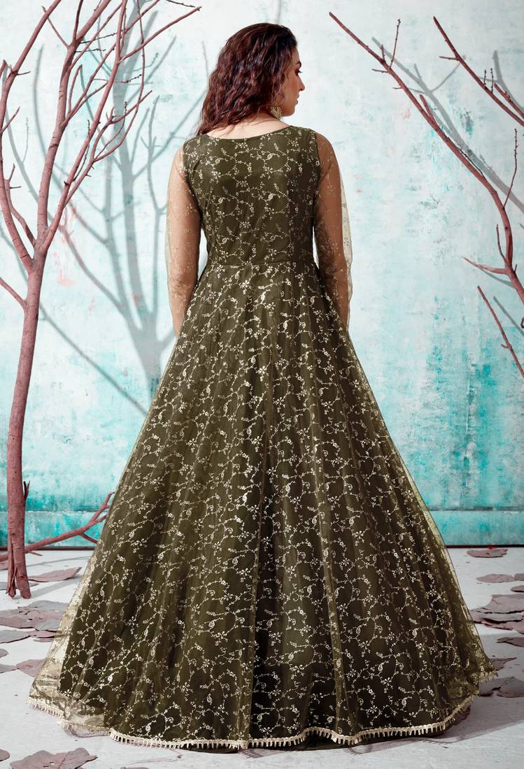 Olive Green Foilage Print Net Long Evening Party Wear Gown Semi Stitched