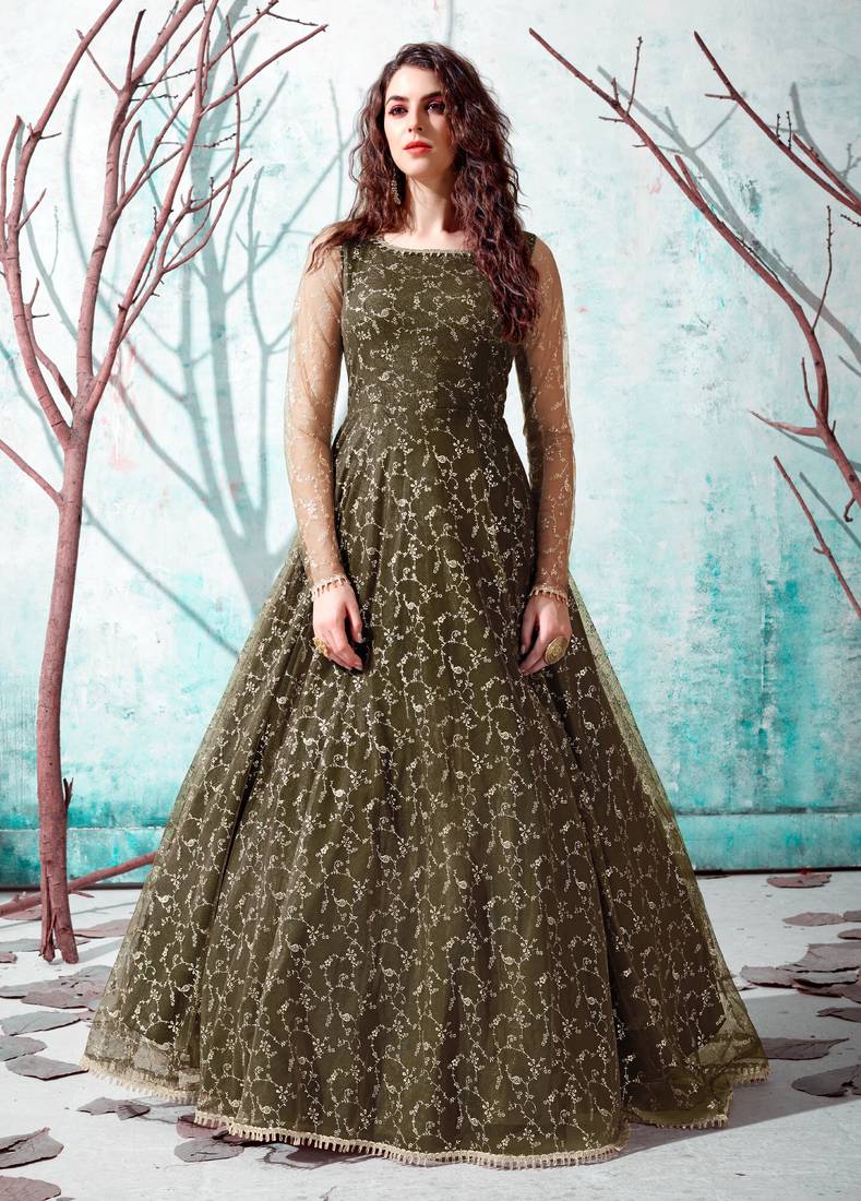 Olive Green Foilage Print Net Long Evening Party Wear Gown Semi Stitched