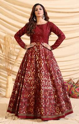 Maroon Tafetta Silk Party Wear Gown Semi Stitched 1