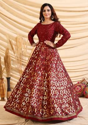 Maroon Tafetta Silk Party Wear Gown Semi Stitched 4