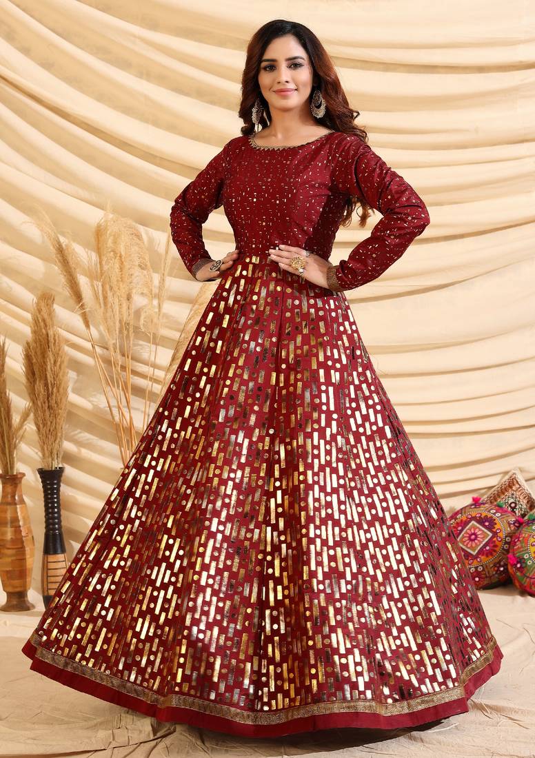 Maroon Tafetta Silk Party Wear Gown Semi Stitched