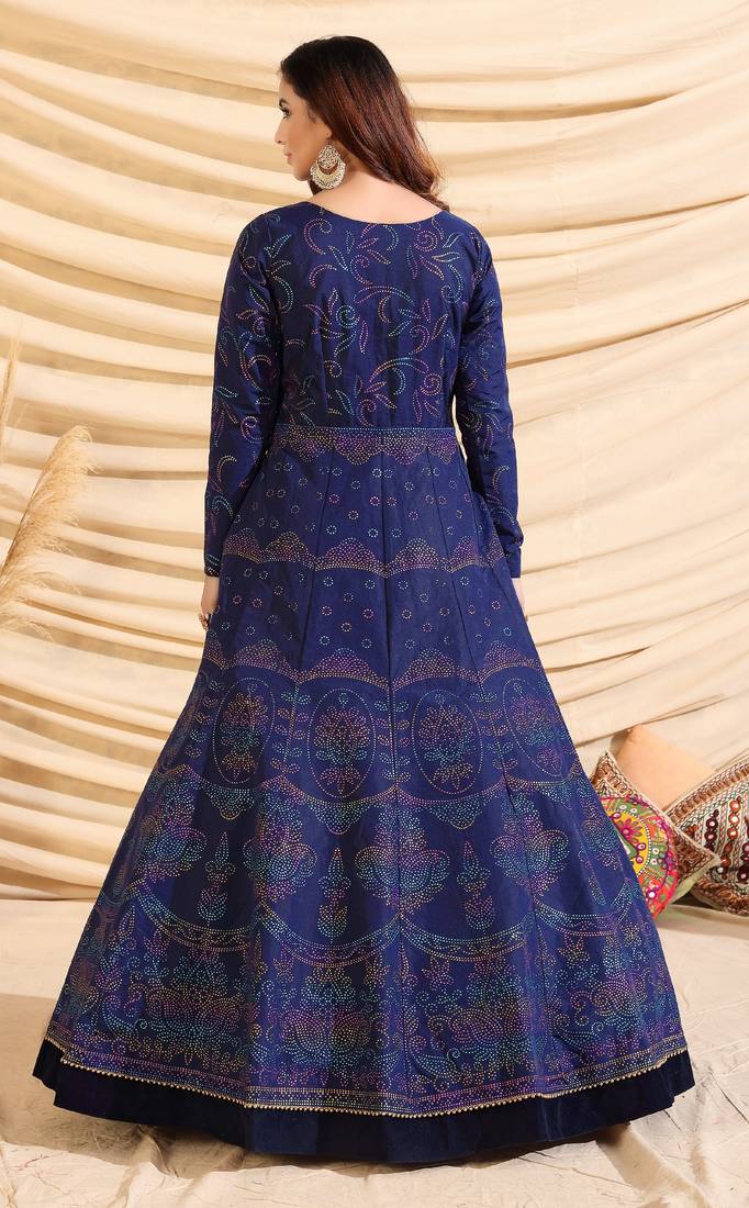 Navyblue Tafetta Silk Party Wear Gown Semi Stitched