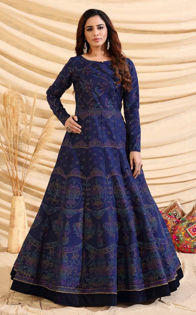 Navyblue Tafetta Silk Party Wear Gown Semi Stitched