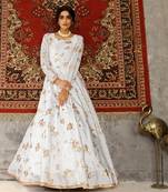 White Foilage Print Taffeta Silk Party Wear Gown Semi Stitched