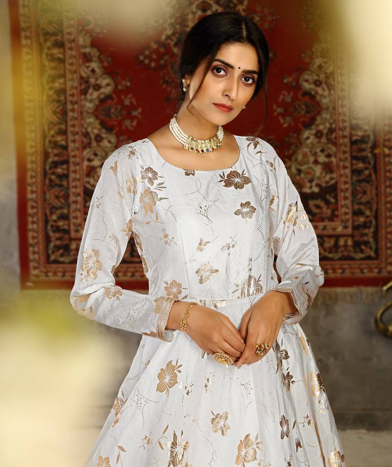 White Foilage Print Taffeta Silk Party Wear Gown Semi Stitched