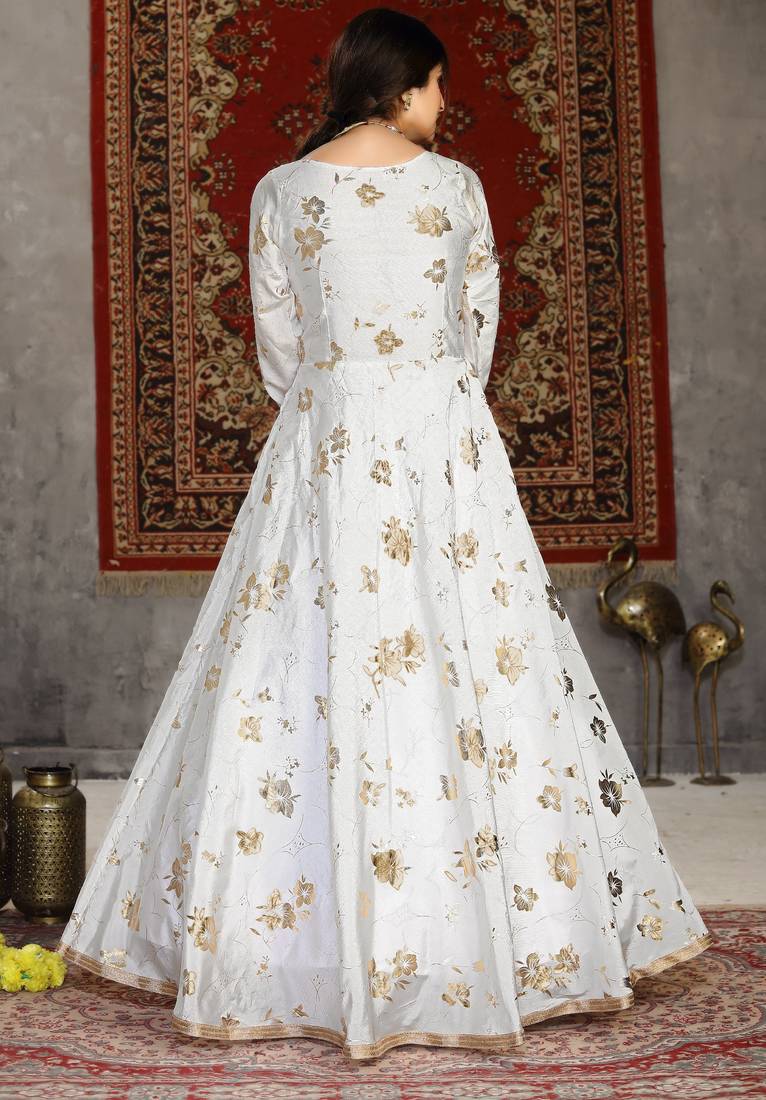 White Foilage Print Taffeta Silk Party Wear Gown Semi Stitched