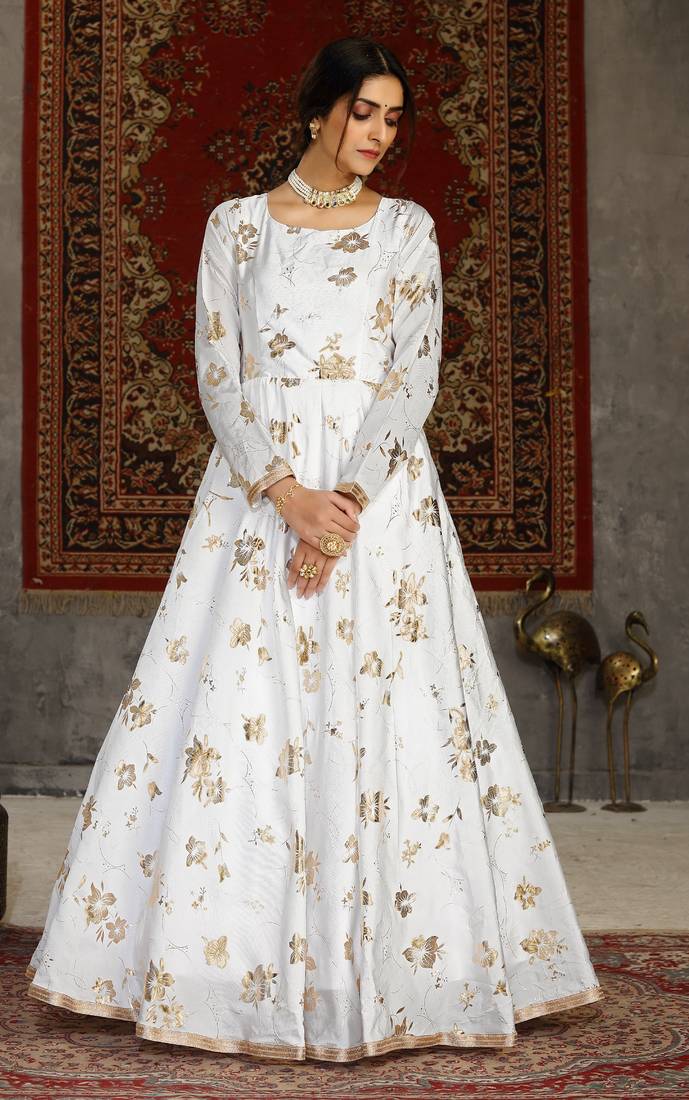 White Foilage Print Taffeta Silk Party Wear Gown Semi Stitched