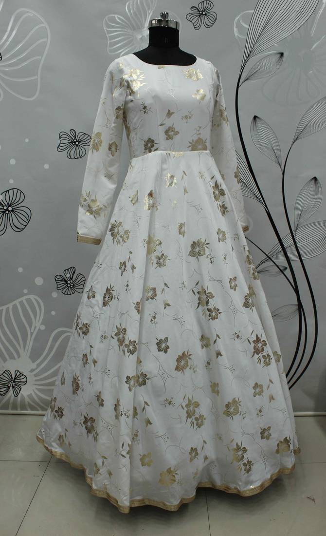 White Foilage Print Taffeta Silk Party Wear Gown Semi Stitched