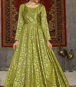 Light Green Foilage Print Taffeta Silk Party Wear Gown Semi Stitched