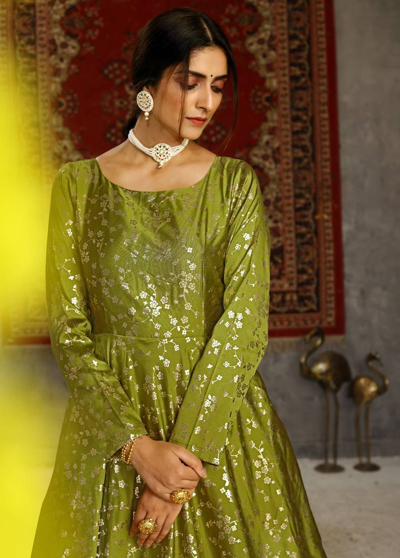 Light Green Foilage Print Taffeta Silk Party Wear Gown Semi Stitched