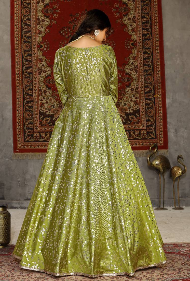 Light Green Foilage Print Taffeta Silk Party Wear Gown Semi Stitched