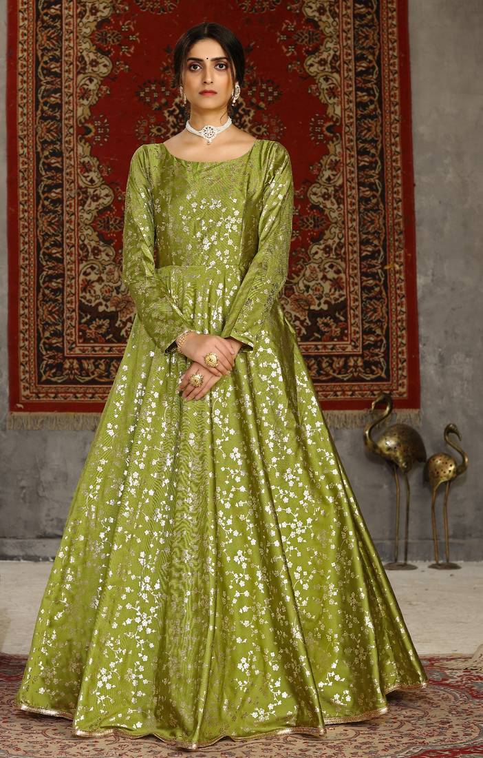 Light Green Foilage Print Taffeta Silk Party Wear Gown Semi Stitched