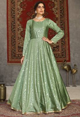 Light Green Foilage Print Taffeta Silk Party Wear Gown Semi Stitched 1