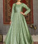 Light Green Foilage Print Taffeta Silk Party Wear Gown Semi Stitched