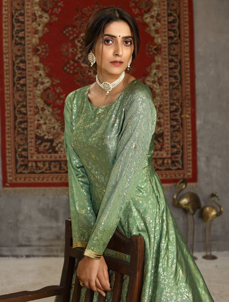 Light Green Foilage Print Taffeta Silk Party Wear Gown Semi Stitched