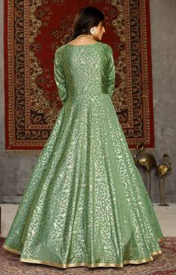 Light Green Foilage Print Taffeta Silk Party Wear Gown Semi Stitched 3
