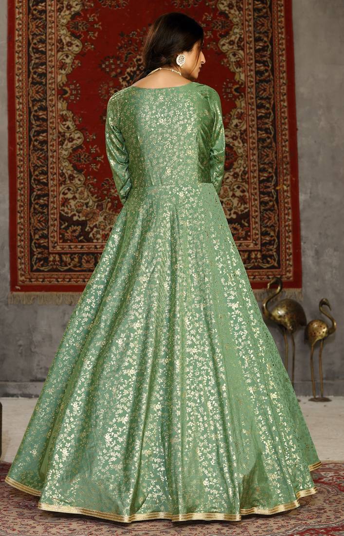 Light Green Foilage Print Taffeta Silk Party Wear Gown Semi Stitched