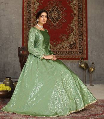 Light Green Foilage Print Taffeta Silk Party Wear Gown Semi Stitched 4