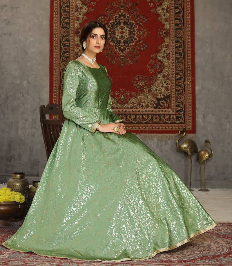 Light Green Foilage Print Taffeta Silk Party Wear Gown Semi Stitched
