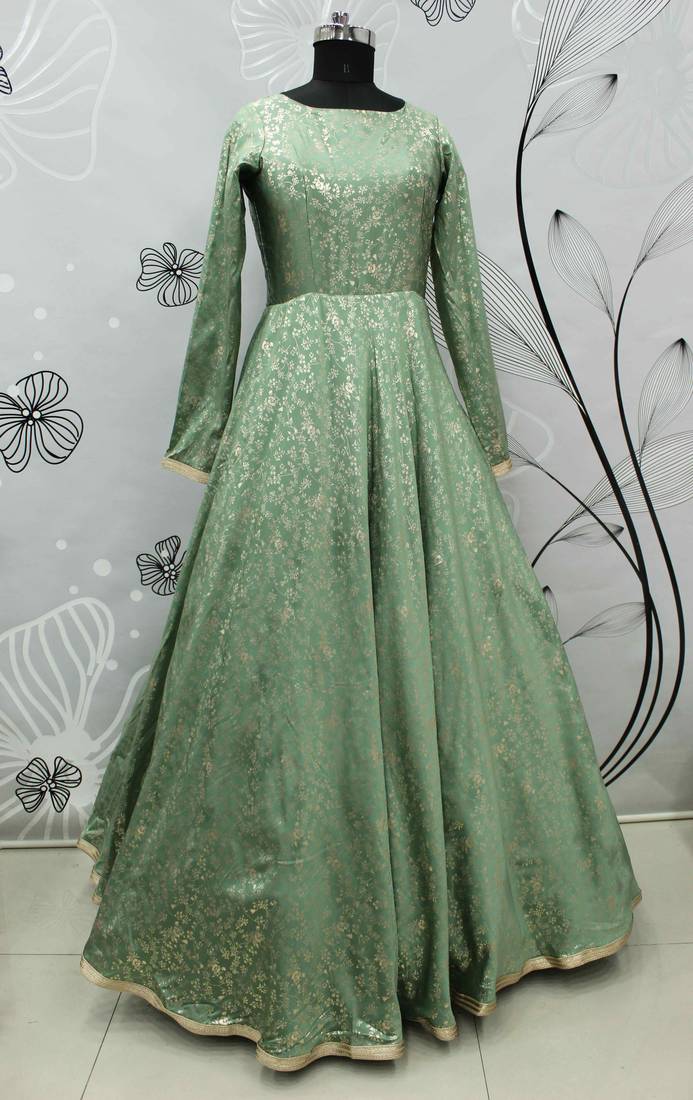 Light Green Foilage Print Taffeta Silk Party Wear Gown Semi Stitched