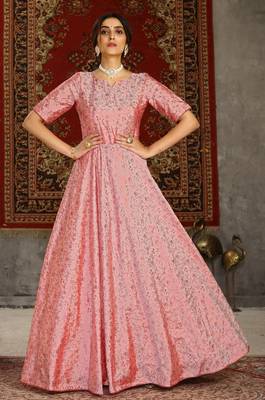 Pink Foilage Print Taffeta Silk Party Wear Gown Semi Stitched 1