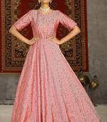 Pink Foilage Print Taffeta Silk Party Wear Gown Semi Stitched