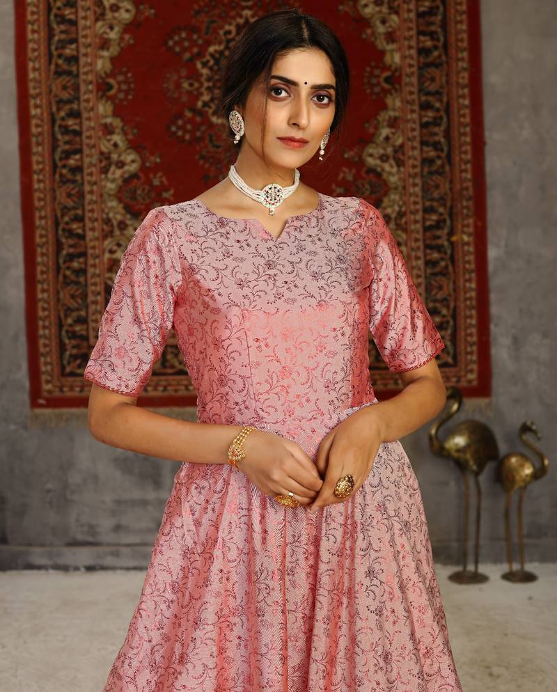 Pink Foilage Print Taffeta Silk Party Wear Gown Semi Stitched