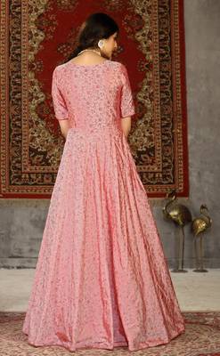 Pink Foilage Print Taffeta Silk Party Wear Gown Semi Stitched 3