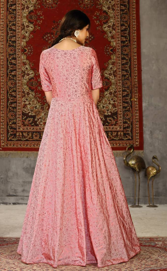 Pink Foilage Print Taffeta Silk Party Wear Gown Semi Stitched