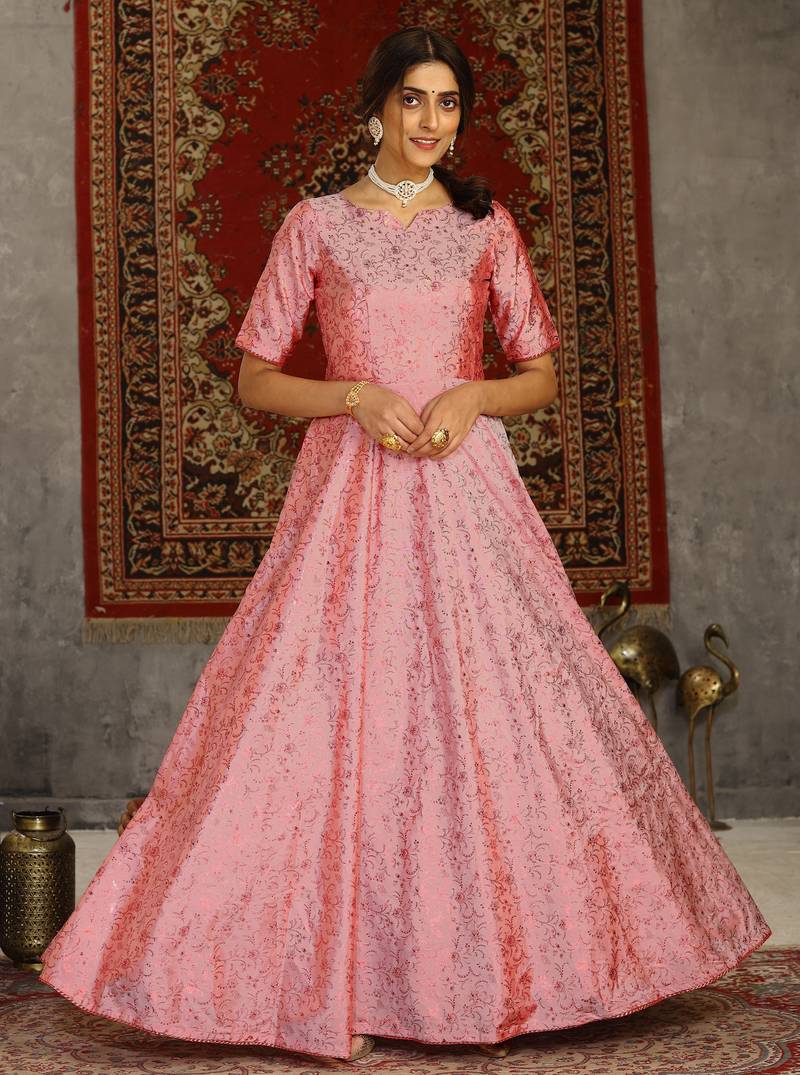Pink Foilage Print Taffeta Silk Party Wear Gown Semi Stitched