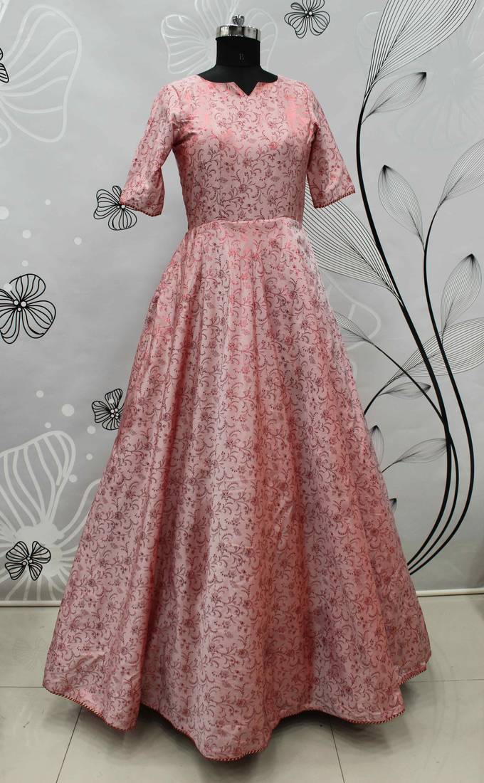 Pink Foilage Print Taffeta Silk Party Wear Gown Semi Stitched