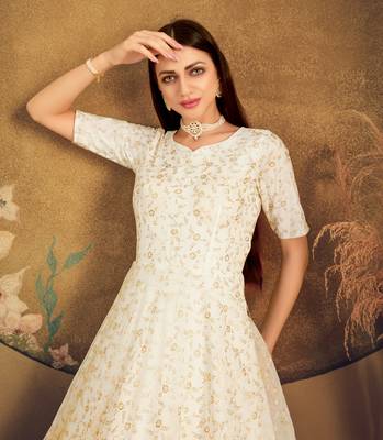 White Foilage Print Net Silk Party Wear Long Gown Semi Stitched 2