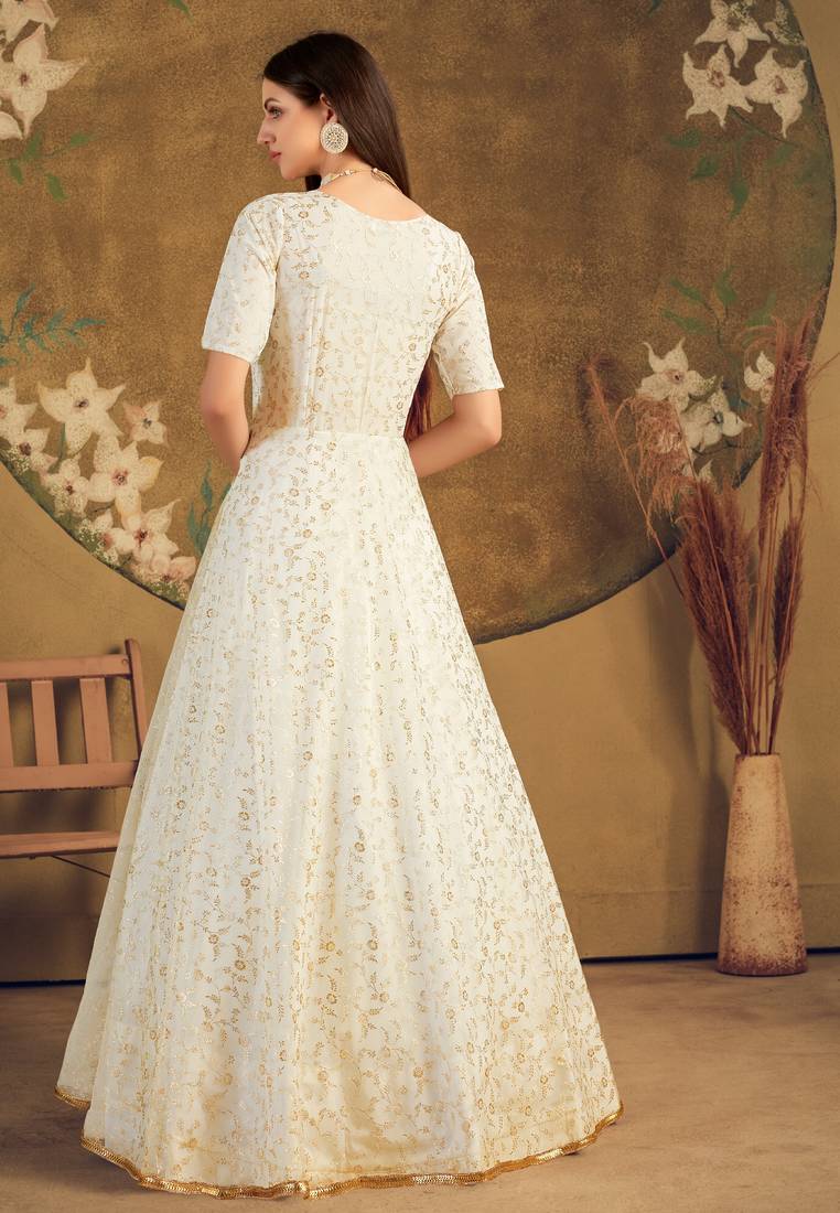 White Foilage Print Net Silk Party Wear Long Gown Semi Stitched