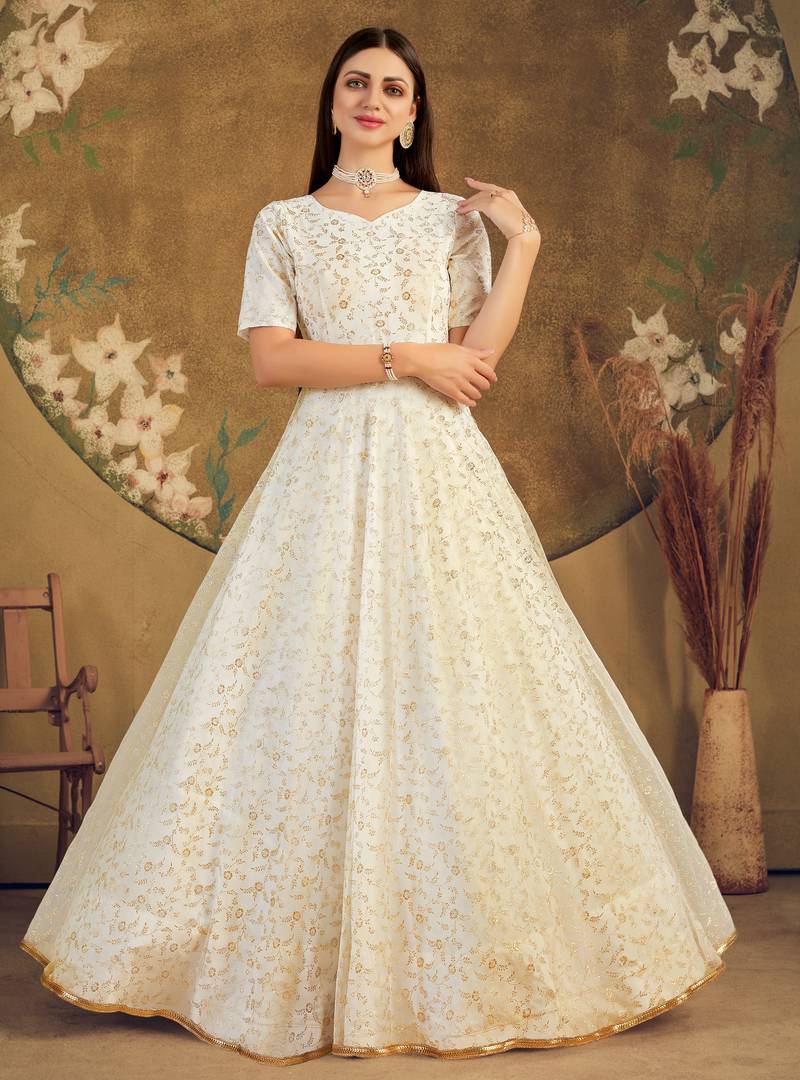 White Foilage Print Net Silk Party Wear Long Gown Semi Stitched