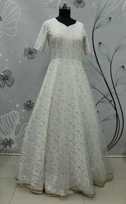 White Foilage Print Net Silk Party Wear Long Gown Semi Stitched 5