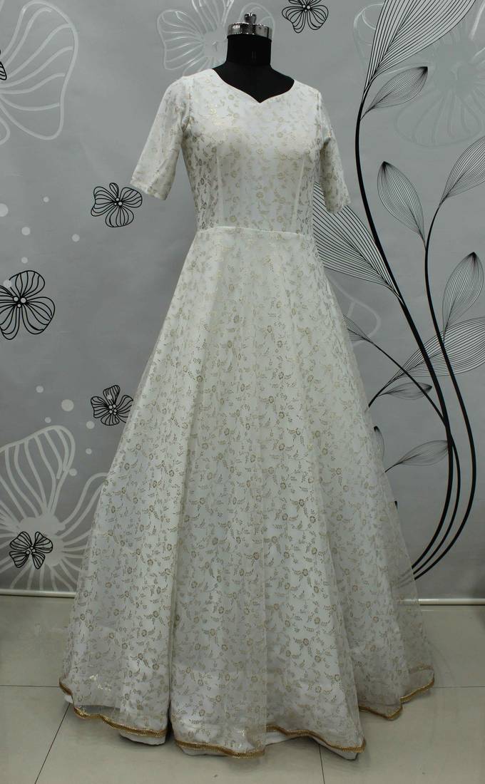 White Foilage Print Net Silk Party Wear Long Gown Semi Stitched