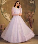 Violet Foilage Print Net Silk Party Wear Long Gown Semi Stitched