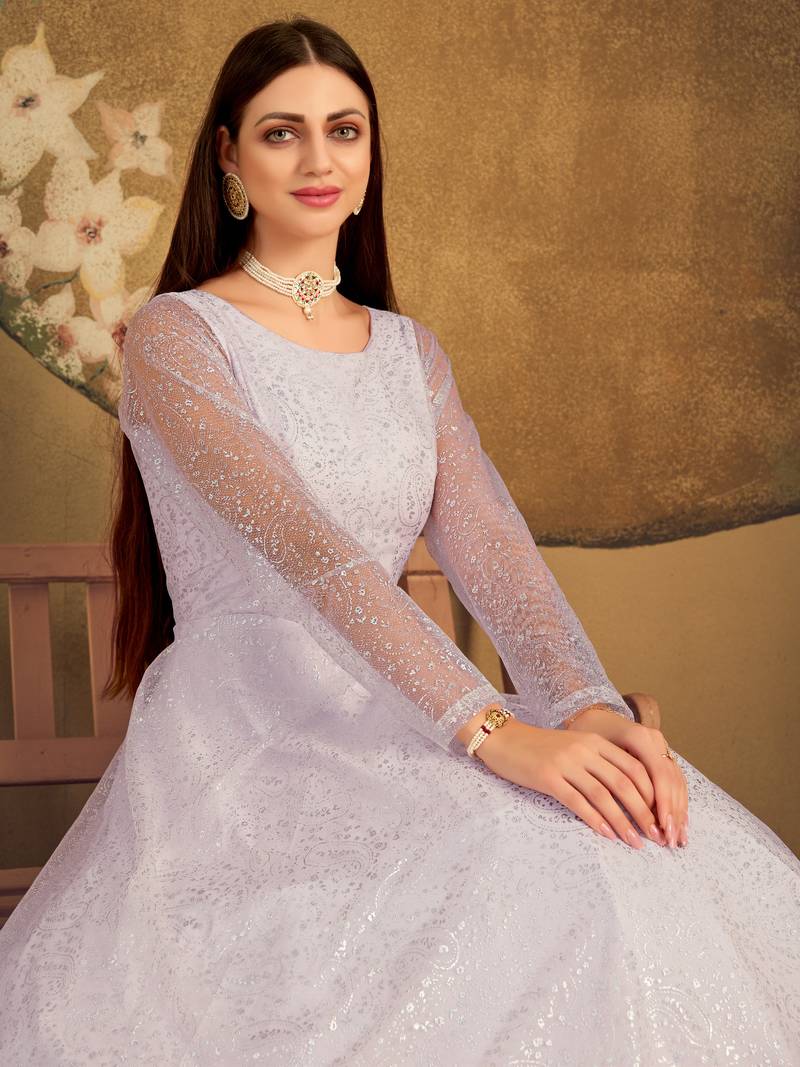 Violet Foilage Print Net Silk Party Wear Long Gown Semi Stitched