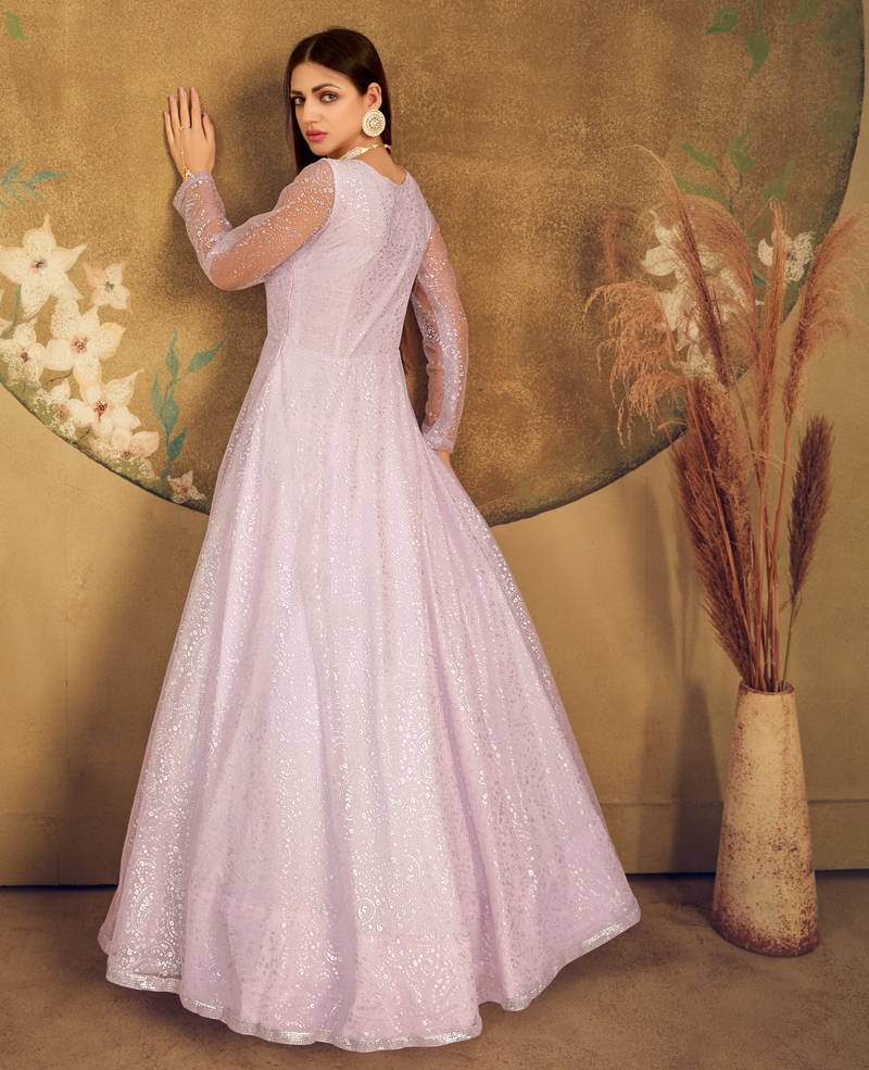 Violet Foilage Print Net Silk Party Wear Long Gown Semi Stitched