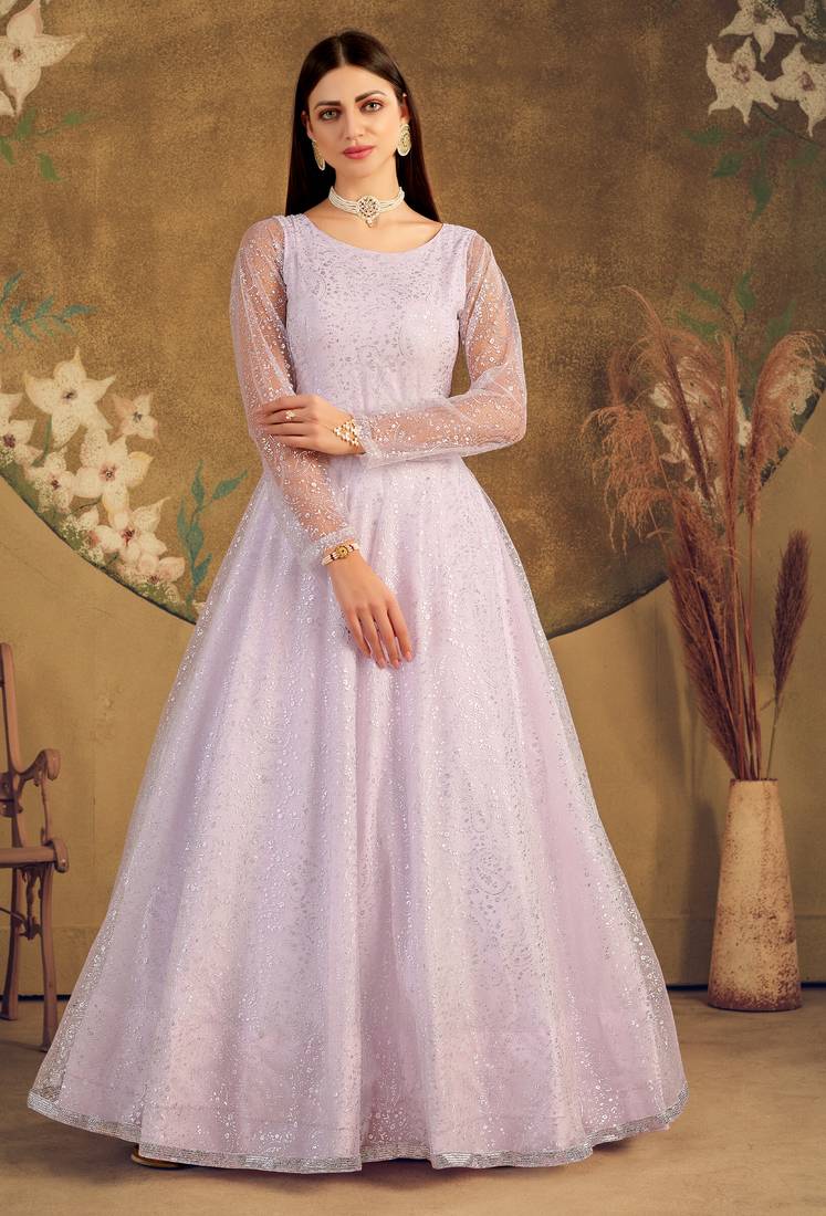 Violet Foilage Print Net Silk Party Wear Long Gown Semi Stitched