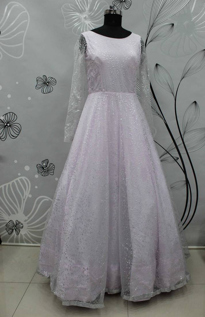 Violet Foilage Print Net Silk Party Wear Long Gown Semi Stitched