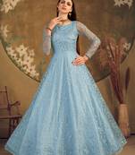 Sky Blue Foilage Print Net Silk Party Wear Long Gown Semi Stitched