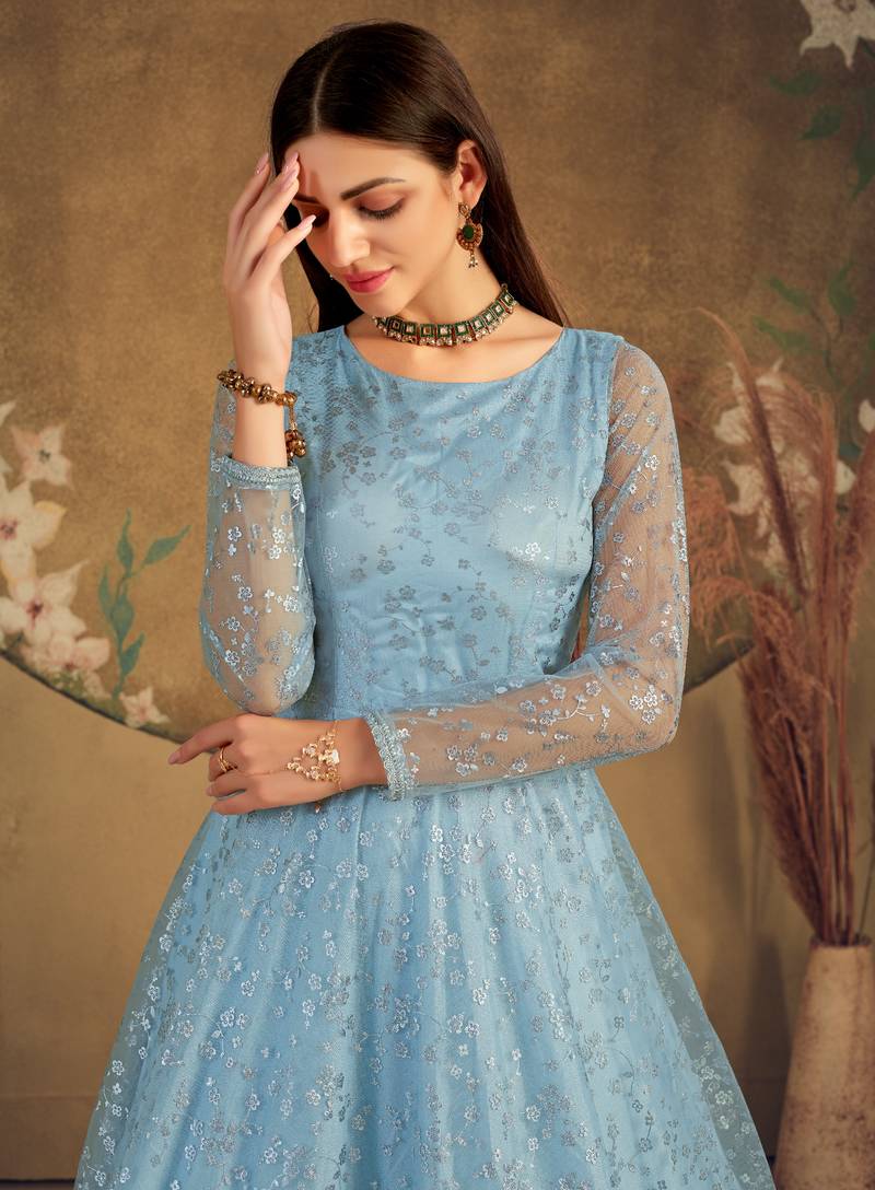 Sky Blue Foilage Print Net Silk Party Wear Long Gown Semi Stitched