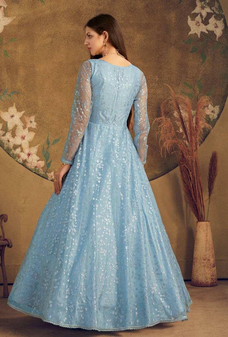Sky Blue Foilage Print Net Silk Party Wear Long Gown Semi Stitched