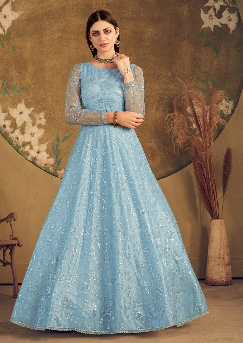 Sky Blue Foilage Print Net Silk Party Wear Long Gown Semi Stitched