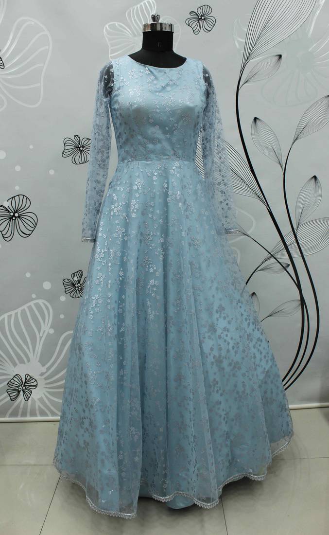 Sky Blue Foilage Print Net Silk Party Wear Long Gown Semi Stitched