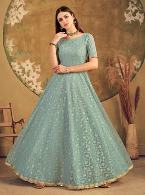 Light Green Foilage Print Net Silk Party Wear Long Gown Semi Stitched 1