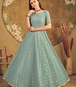 Light Green Foilage Print Net Silk Party Wear Long Gown Semi Stitched