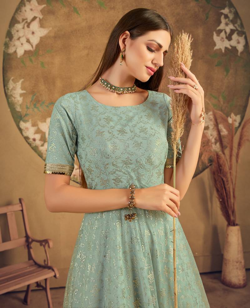 Light Green Foilage Print Net Silk Party Wear Long Gown Semi Stitched
