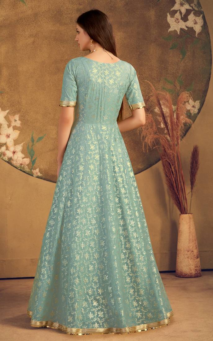 Light Green Foilage Print Net Silk Party Wear Long Gown Semi Stitched